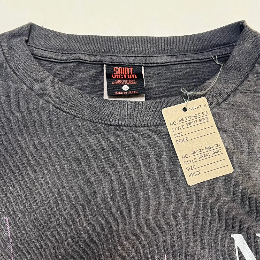 SAINT Mxxxxxx × EVANGELION NEON GNSIS TEE/BLK co-branded Neon Genesis Evangelion distressed short-sleeves, washed black S-XL, vintage NEW VINTAGE, top printing technology, garment dyeing, re-washed, distressed, correct co-branded main mark/washing mark